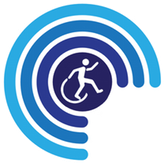 This Logo has three half circles around a drawing of a handicap wheelchair logo with a person climbing out of the chair, meaning assistive technology empowers users
